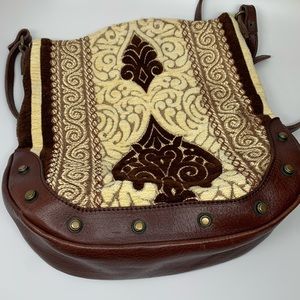 Vintage artisan inspired chenille brocade and leather purse with shoulder strap